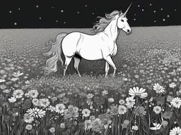 drawing of a unicorn in a field of flowers  minimal rough sketch scribbles,doodles,black and white