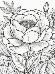 Peony coloring page sheet - A vibrant peony surrounded by delicate garden foliage.  black outline printable coloring page