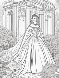 Garden Princess Coloring Pages - Royalty Enjoying a Beautiful Garden  minimal black outline printable sheet, coloring page