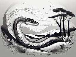 drawing of a snake in a mystical scene  minimal rough sketch scribbles,doodles,black and white