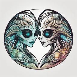 Alien Couple Tattoo - Cosmic love captured in an extraterrestrial couple tattoo.  simple color tattoo,vector style,white background