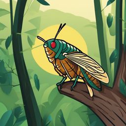 Cicada Clip Art - A cicada singing in the trees,  color vector clipart, minimal style