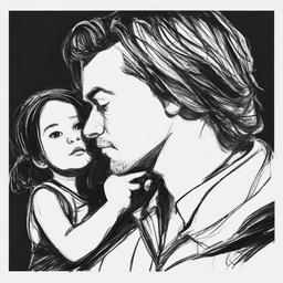 drawing of daughter and father  minimal rough scribbles,doodles,black and white