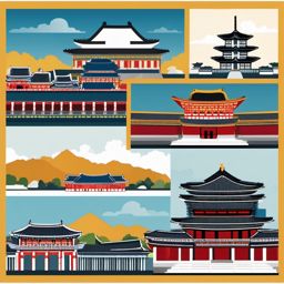 Seoul clipart - Gyeongbokgung Palace and Seoul skyline,  color clipart, vector art