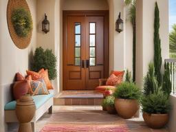 Mediterranean entryway features bright colors, textured surfaces, and cozy seating that creates an inviting atmosphere for welcoming guests.  