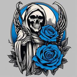 Angelic Reaper Tattoo Traditional-Eerie with a blue rose growing in front.   simple color vector tattoo