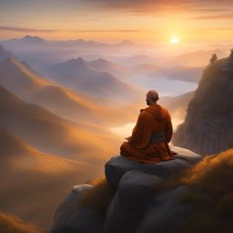 aric stormrider, a human monk, is meditating atop a tranquil mountaintop as the sun rises. 