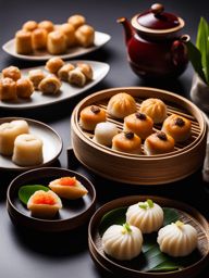 dim sum delights - an elegant spread of bite-sized dumplings, buns, and rolls, served with tea. 