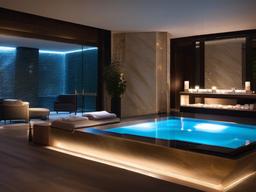 Modern luxury spa with marble walls and ambient lighting.  