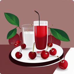 Cherries on a table beside a glass of juice clipart.  vector style illustration, white background