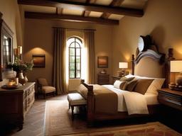 Tuscan bedroom incorporates warm earth tones, wooden furniture, and simple decor to evoke a rustic and inviting atmosphere.  