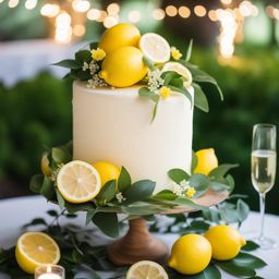 wedding lemon cake in a garden oasis: envision a lemon wedding cake surrounded by lush greenery, nestled in a botanical garden filled with twinkling fairy lights. 