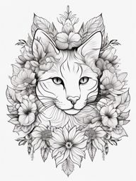 Blooms of delicate beauty in a cat with floral details ink: Nature's charm in tattoo form.  black white outline tattoo, white background