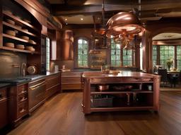 In the kitchen, steampunk interior design includes copper appliances, open shelving, and rustic cabinetry that enhance the space with character and charm.  