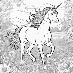 unicorn coloring pages - playful unicorn frolicking in a field of colorful wildflowers, scattering petals with each joyful step. 