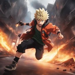 bakugou katsuki blasts through a crumbling cityscape, quirk ablaze. 