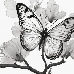 drawing of a butterfly on a blooming tree  minimal rough sketch scribbles,doodles,black and white