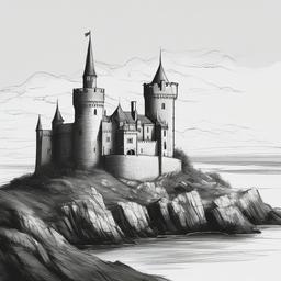 drawing of a castle by the sea  minimal rough sketch scribbles,doodles,black and white