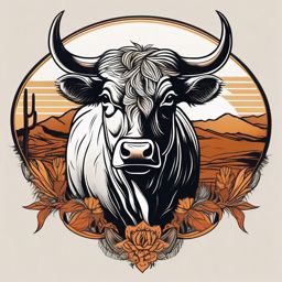 Rustic bull and desert scene tattoo. Southwestern rugged charm.  color tattoo design, white background