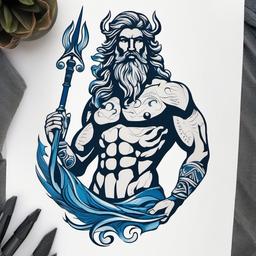 Poseidon Greek God Tattoo - Showcase the might of the sea with a Poseidon tattoo, featuring the powerful Greek god wielding his iconic trident.  simple color tattoo, white background