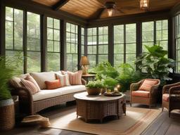 A sunroom with rustic interior design highlights comfortable seating, lots of plants, and warm decor that create a bright and inviting space to enjoy the beauty of nature.  