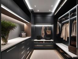 A mudroom designed with futuristic interior design includes streamlined storage, high-tech elements, and an organized layout that merges functionality with modern aesthetics.  