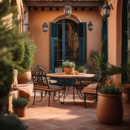 Mediterranean Patio Escape - Mediterranean patio escape with terra cotta tiles and wrought-iron furniture. realistic, professional photography, bokeh, natural lighting, canon lens, shot on dslr 64 megapixels sharp focus