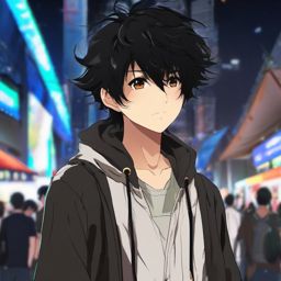 Boy with black messy hair in a bustling anime festival.  front facing, profile picture, anime style