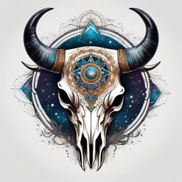 Bull skull with cosmic elements ink. Celestial tribute to untamed spirit.  color tattoo design, white background