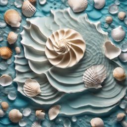 Seashell-patterned porcelain tiles with a luminous, underwater look top view, product photoshoot realistic background, hyper detail, high resolution