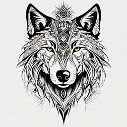 Spirit Tribal Wolf Tattoo,tattoo showcasing a wolf imbued with spiritual tribal elements, symbolizing unity and mysticism. , color tattoo design, white clean background