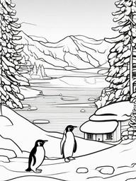 Penguin Coloring Pages - Penguin enjoying a snowy day with friends  simple coloring pages