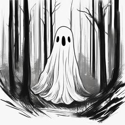 drawing of a ghost in a forest  minimal rough sketch scribbles,doodles,black and white