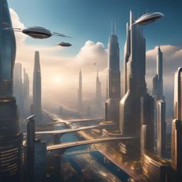 futuristic cityscape with towering skyscrapers and flying vehicles. 