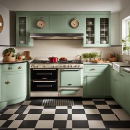 vintage-inspired kitchen with retro appliances and a checkerboard floor. 