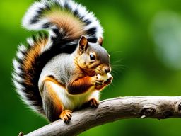 chubby squirrel munching on a peanut while perched on a tree branch. 