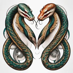 2 headed snake tattoo, Tattoos featuring snakes with two heads, symbolizing duality and transformation. colors, tattoo patterns, clean white background