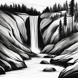 drawing of a landscape with a waterfall  minimal rough sketch scribbles,doodles,black and white