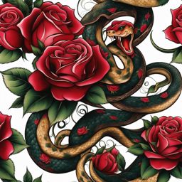 Snake with rose tattoo, Tattoos that blend the beauty of roses with the symbolism of snakes. colors, tattoo patterns, clean white background