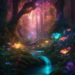 Heart of enchanted forest, where bioluminescent plants cast ethereal glow, magical creatures frolic, creating scene straight out of fairy tale. hyperrealistic, intricately detailed, color depth,splash art, concept art, mid shot, sharp focus, dramatic, 2/3 face angle, side light, colorful background
