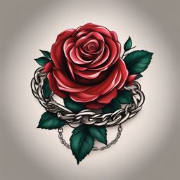 Chain wrapped around a rose design: Symbol of strength entwined with delicate beauty.  simple color tattoo style