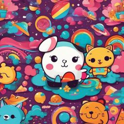 Cute Backgrounds - Cartoon Characters in Playful Scenes wallpaper splash art, vibrant colors, intricate patterns