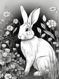 drawing of a bunny in a garden  minimal rough sketch scribbles,doodles,black and white