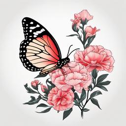 butterfly and carnation tattoo  simple color tattoo, minimal, white background