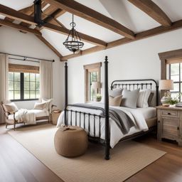 farmhouse bedroom with rustic wooden beams and a wrought-iron bed. 