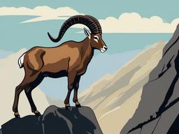 Ibex Cartoon - Cartoon of ibex on a rocky mountain ledge  