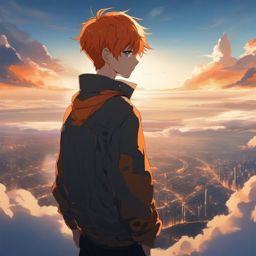 Boy with orange short hair in a floating city above the clouds.  close shot of face, face front facing, profile picture, anime style