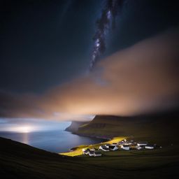 faroe islands, denmark - capture the dramatic and moody landscapes of the faroe islands under a mysterious night sky. 