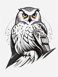 Snowy Owl Tattoo - Snowy Owl hunting in the Arctic tundra  few color tattoo design, simple line art, design clean white background