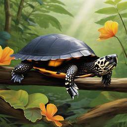 drawing of a spotted turtle in natural habitat with color 